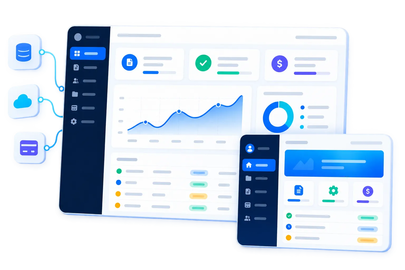 Custom business application interface showing dashboards, workflows, payments and connected data