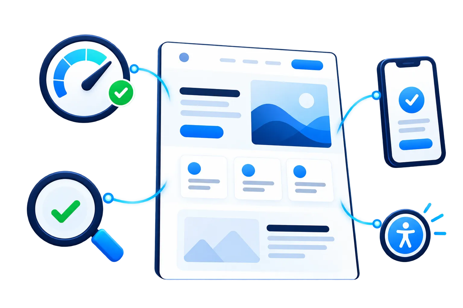 Website quality interface showing page performance, responsive readiness, search foundations and accessibility checks